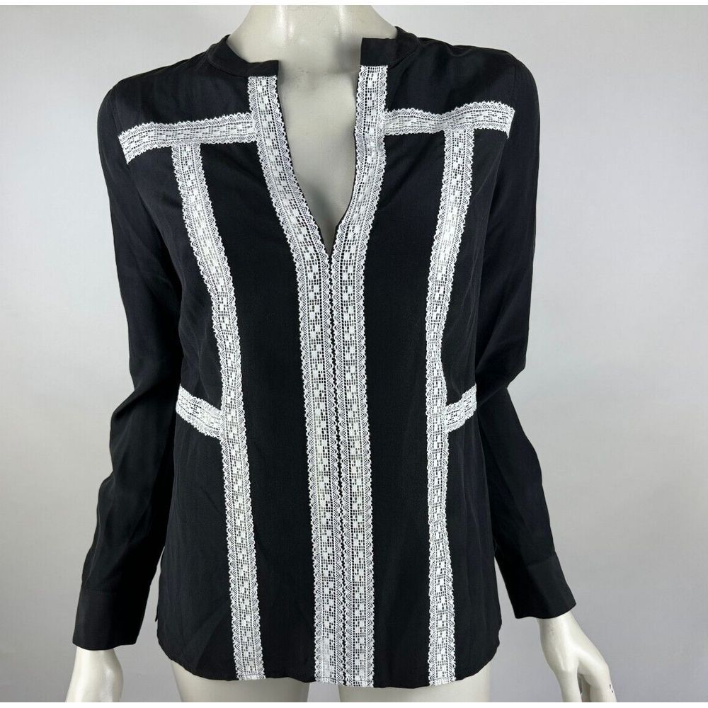 BCBGMaxazria Maggie Washable Silk Lace Blouse Women XXS NWT Long Sleeve BlackTop